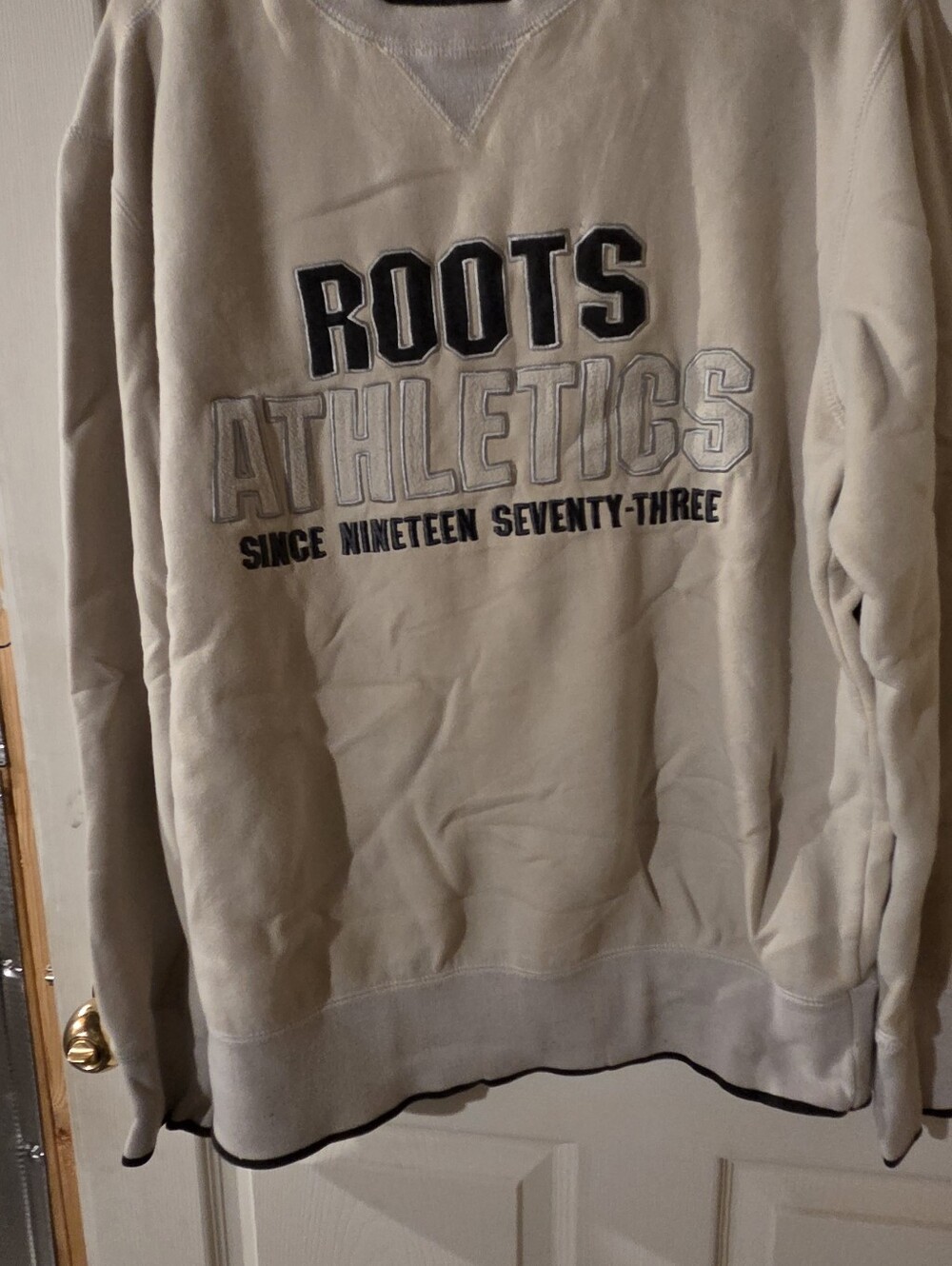 Roots Beige and Black Athletic Logo Crewneck